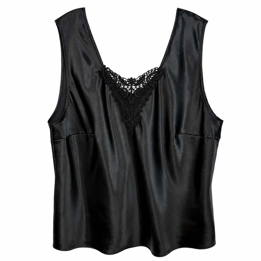 Escapades Vintage Black Camisole Tank Top 2X Lace Appliqué Made USA Lingerie ￼￼￼